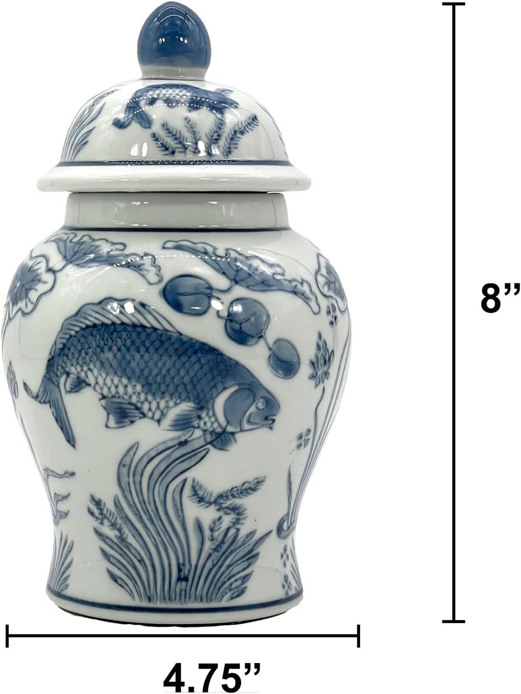 8" Ceramic Ginger Jar w/Lid / Slate Blue & White Koi