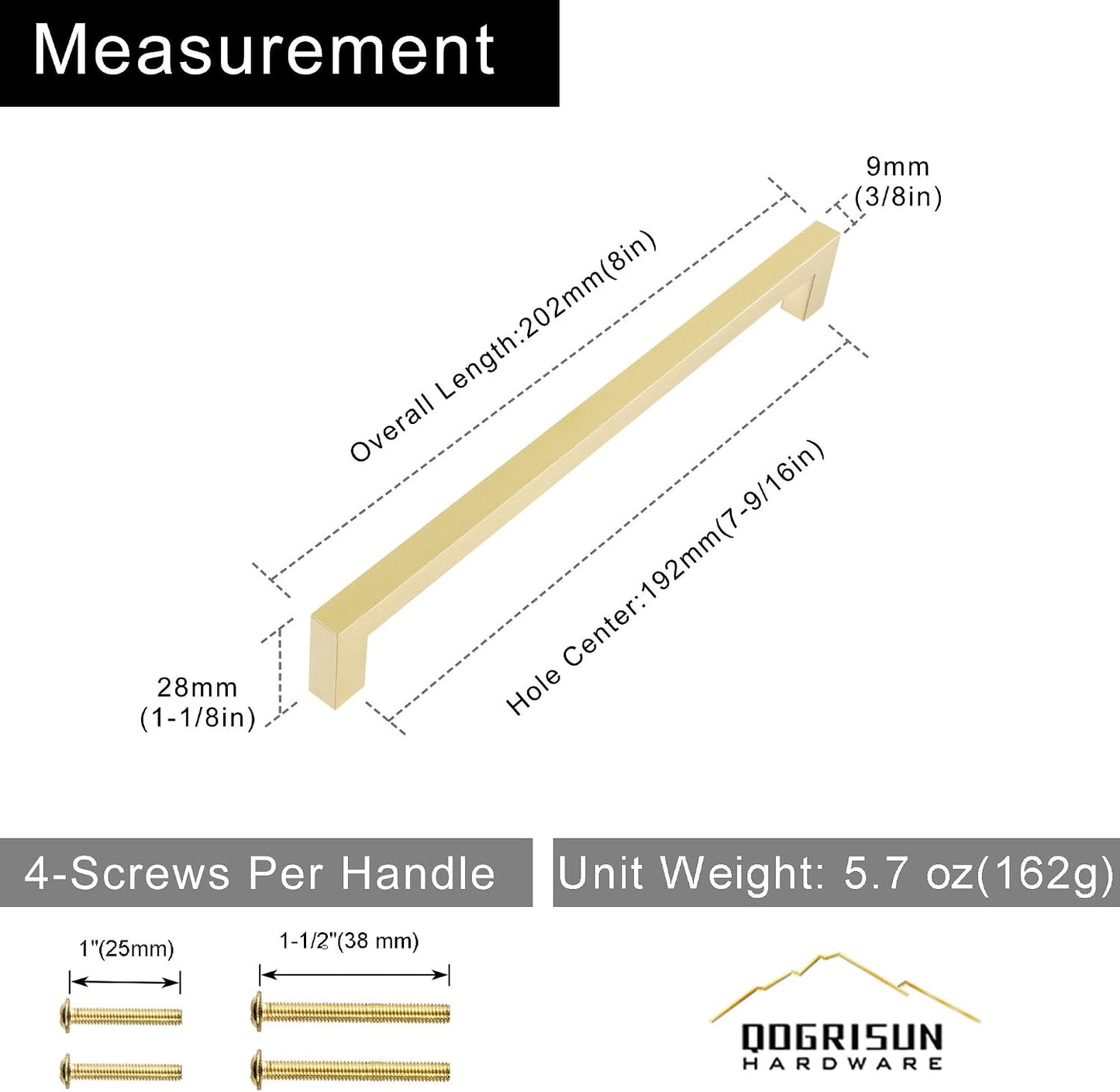 QOGRISUN 5-Pack Brushed Brass Cabinet Pulls, Solid Brass, 7-9/16" Center | Solid Brass Square Pulls, Brushed Brass