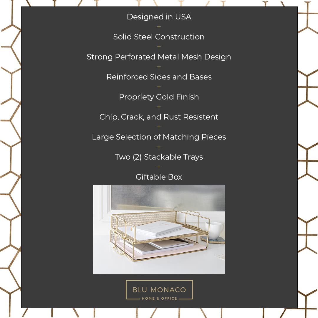 BLU MONACO | Paper Tray Stackable Gold Mesh Set of 2 | Stackable File Trays for Desk Organization | Tiered Desk