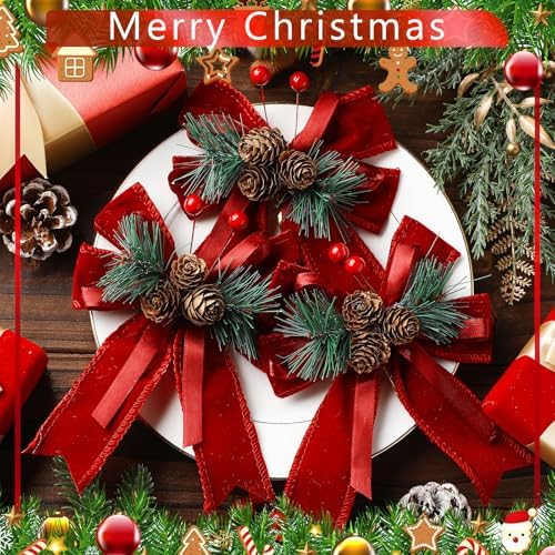 Syhood 6 Pcs Christmas Bows Xmas Velvet Bows Tree Decor, Burgundy Red