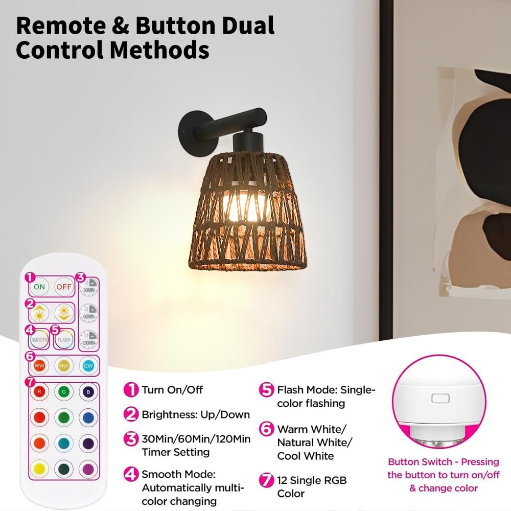 Boho Battery Operated Wall Sconce Set of 2, Brown Rattan Rechargeable Wall Lights with Dimmable Bulbs and Remote,15
