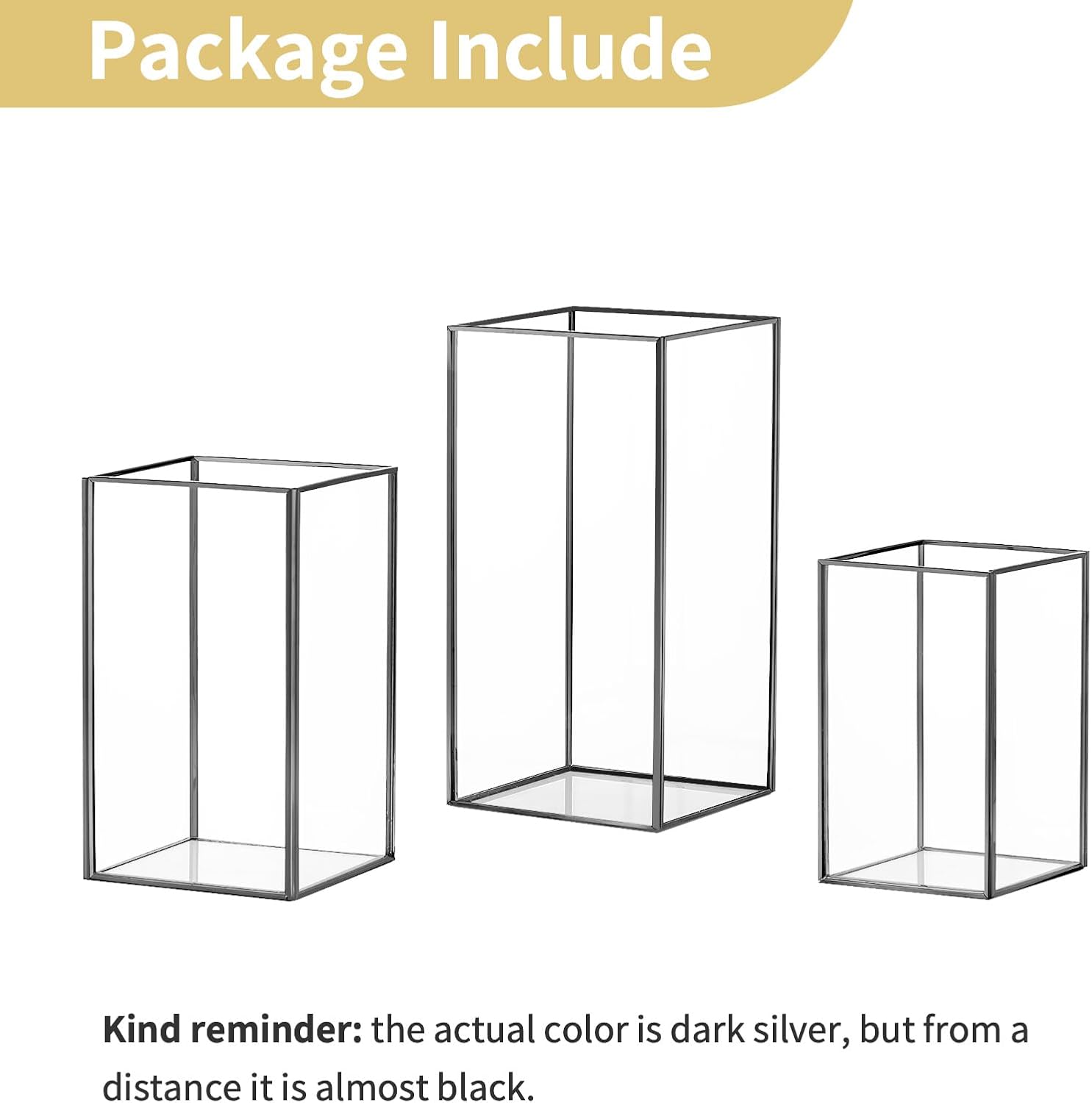 Nuptio Glass Hurricane Candle Holder for Pillar Candles 3 Pcs Black Metal Candle Holders Large Rectangular Candleholder