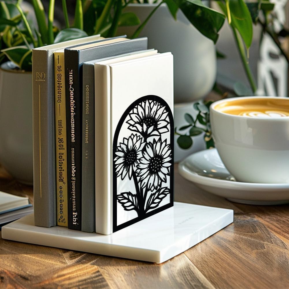 Metal Bookends / Modern Decorative Heavy Duty Study Book Support Stoppers / Sunflowers