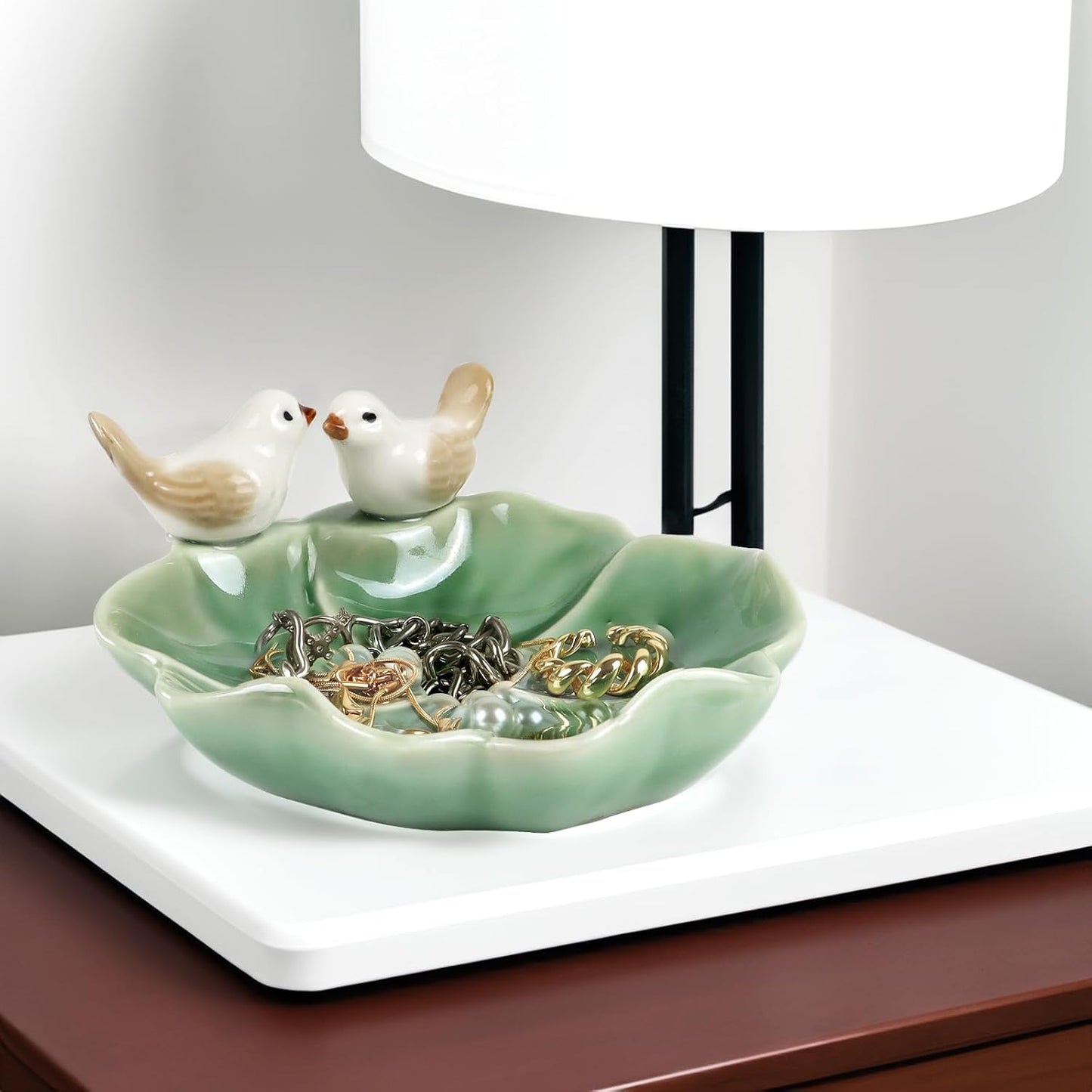 Ceramic Jewelry Tray Trinket Dish Decorative Bird & Lotus Leaf Ring Holder Dish Aesthetic / Green