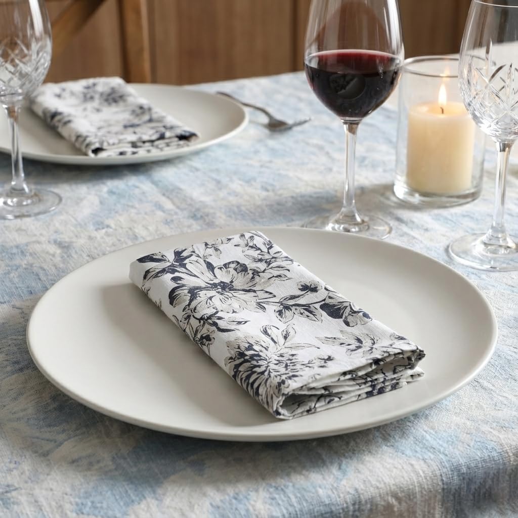 Palisa Floral Print Cloth Napkins Set of 12, 18x18 Inch, (Grey & Beige) | 100% Cotton Dinner Napkins | Reusable &