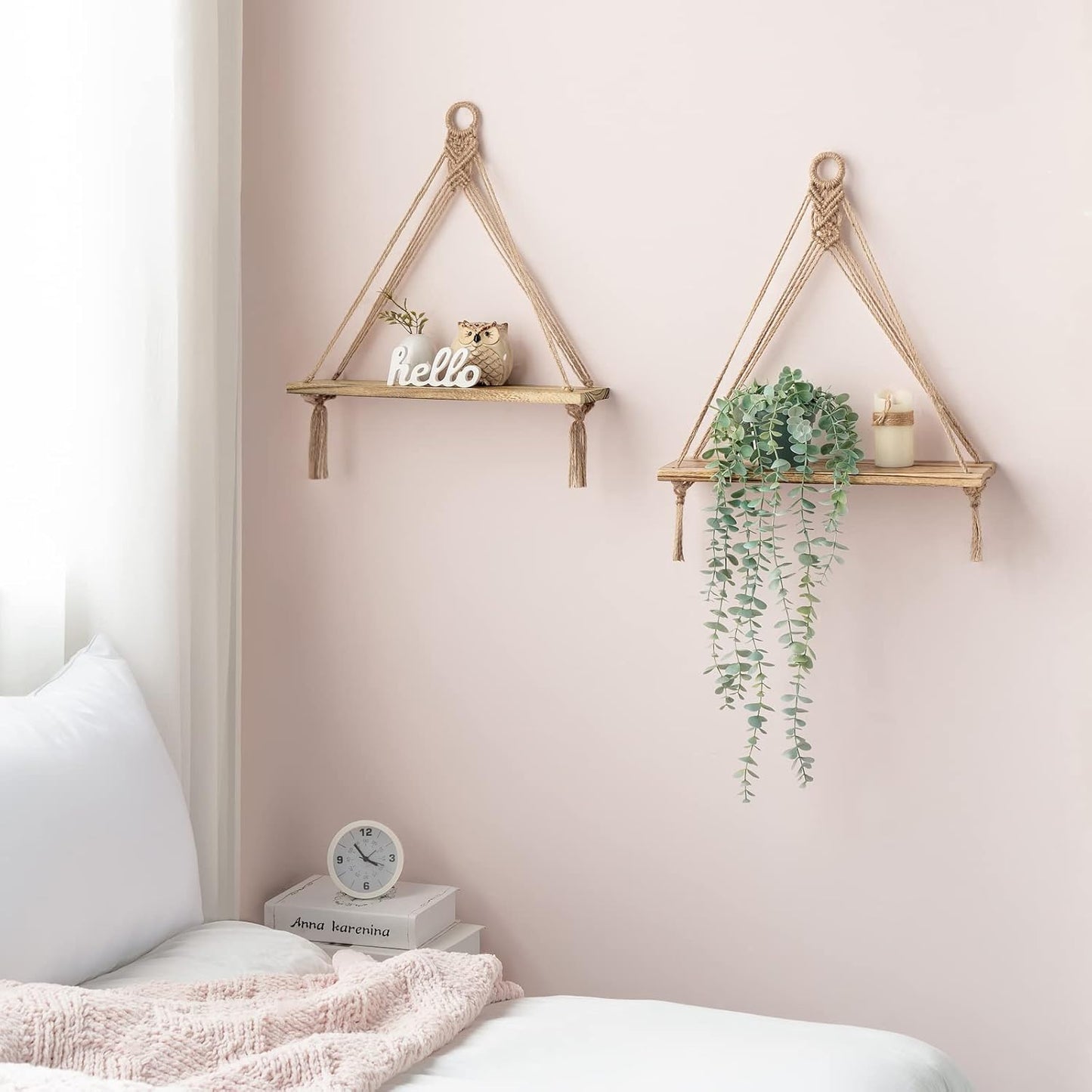 Macrame Hanging Shelves Boho Wall Decor Rustic Wood Floating Storage Shelf / Brown / Set of 2