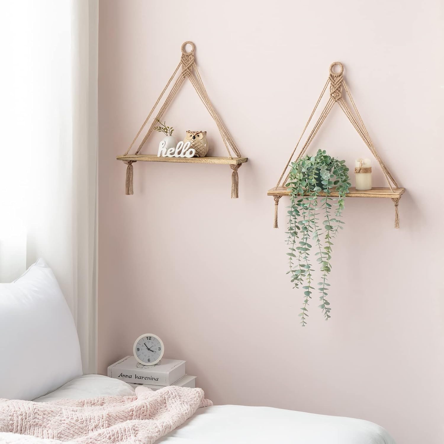Macrame Hanging Shelves Boho Wall Decor Rustic Wood Floating Storage Shelf / Brown / Set of 2