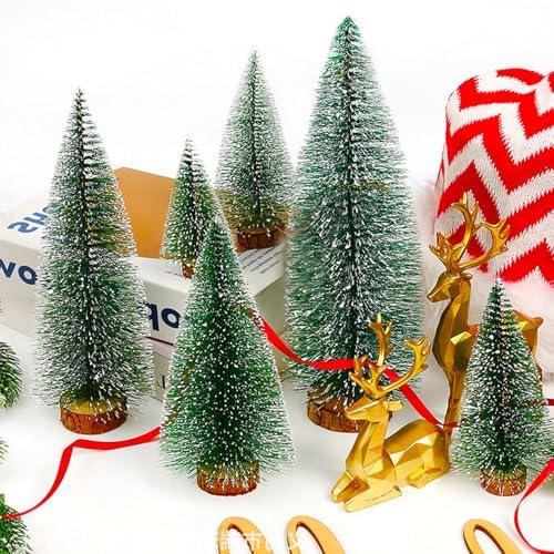 Desktop Miniature Christmas Trees Mini Pine Tree 4pcs with Snow and Wood Base for Xmas Holiday Party Home Tabletop Decor (4pcs)