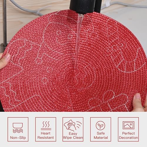 Feuille Round Christmas Placemats Set of 4,13.5 Inch Red Gingerbread Man Placemats for Round Tables Winter Placemats Perfect for Indoor Christmas Decorations
