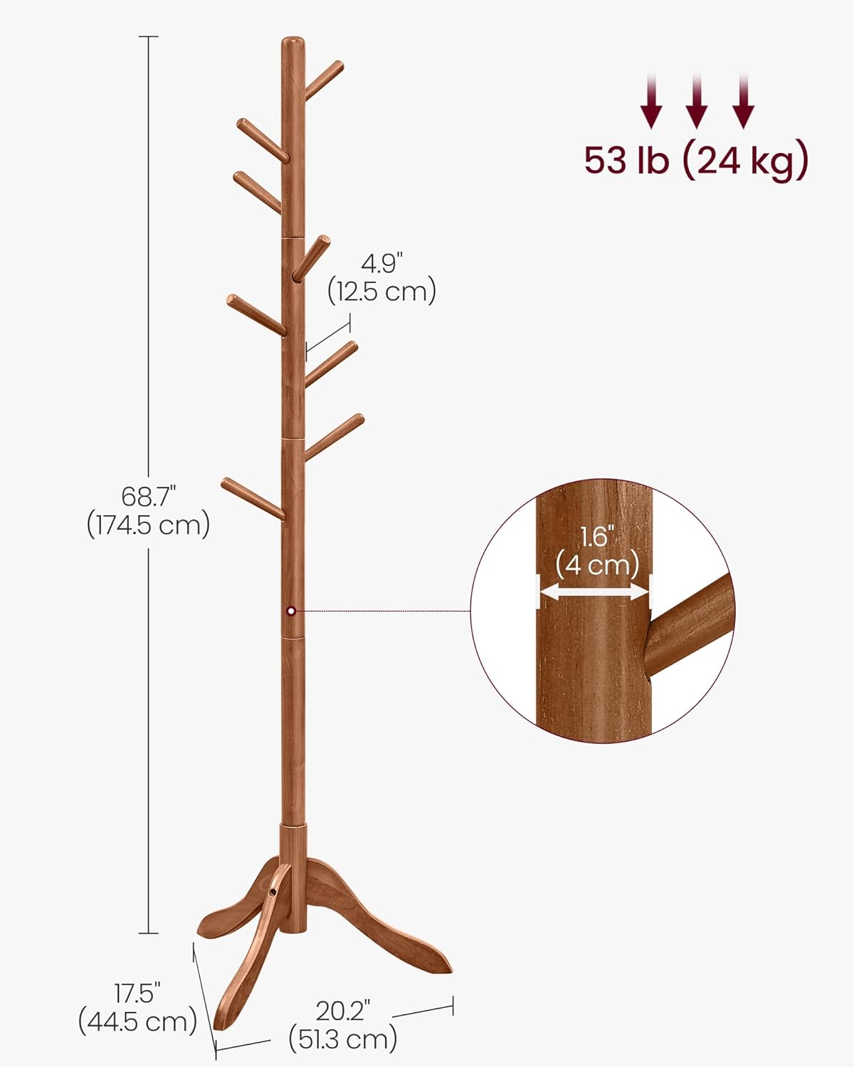 VASAGLE Solid Wood Coat Rack, Free Standing, Tree-Shaped, with 8 Hooks | Coat Tree，3 Height Options, for Clothes, Hats