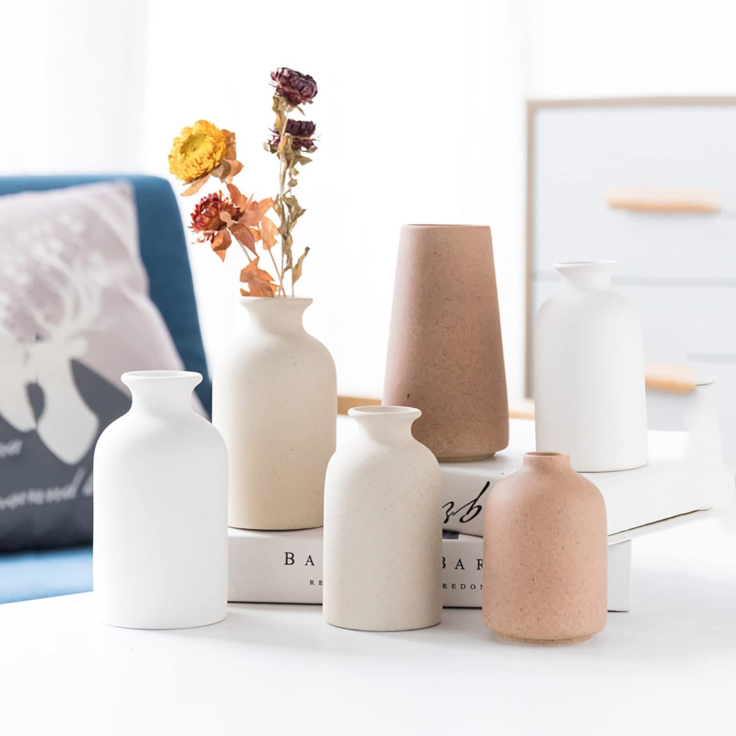 White Ceramic vases Home Decor Small vase Set Boho vase Modern Farmhouse / Beige Black / Set of 2