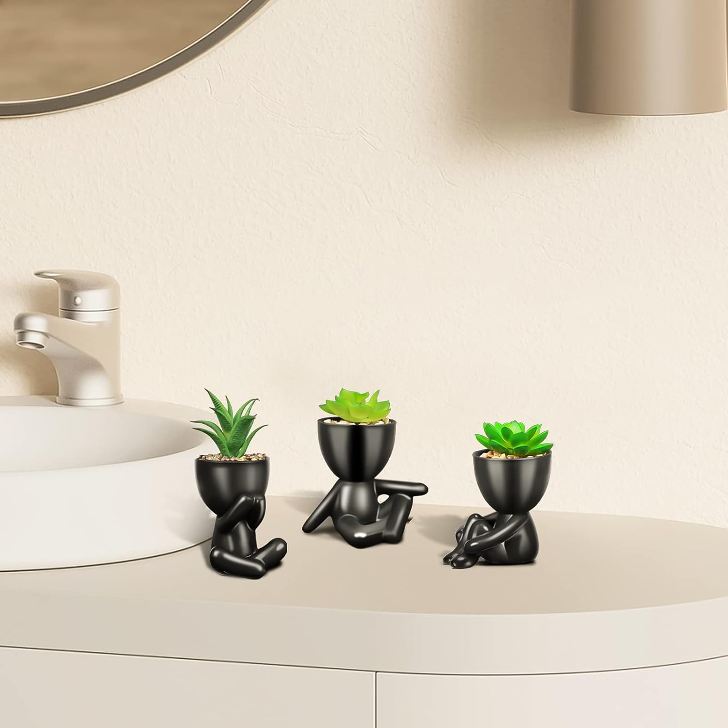 Artificial Succulent Plants in Human Shaped Pots / Black / Set of 4