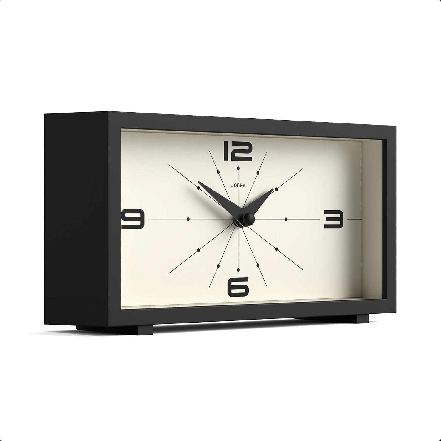 JONES CLOCKS® Odeon Desk Clock | Modern Rectangular Design | Black | Stylish Retro Look for Shelf, Table, Mantel or