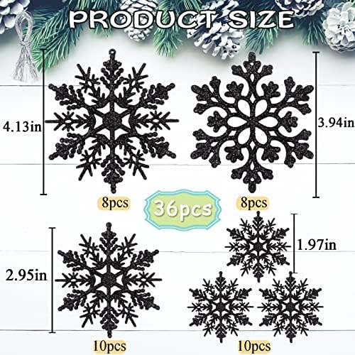 36pcs Black Christmas Snowflake Ornaments, Plastic Glitter Hanging Snow Flakes for Christmas Tree Decorations Winter Wonderland Frozen Birthday Party Holiday Home Decor Craft Snowflakes