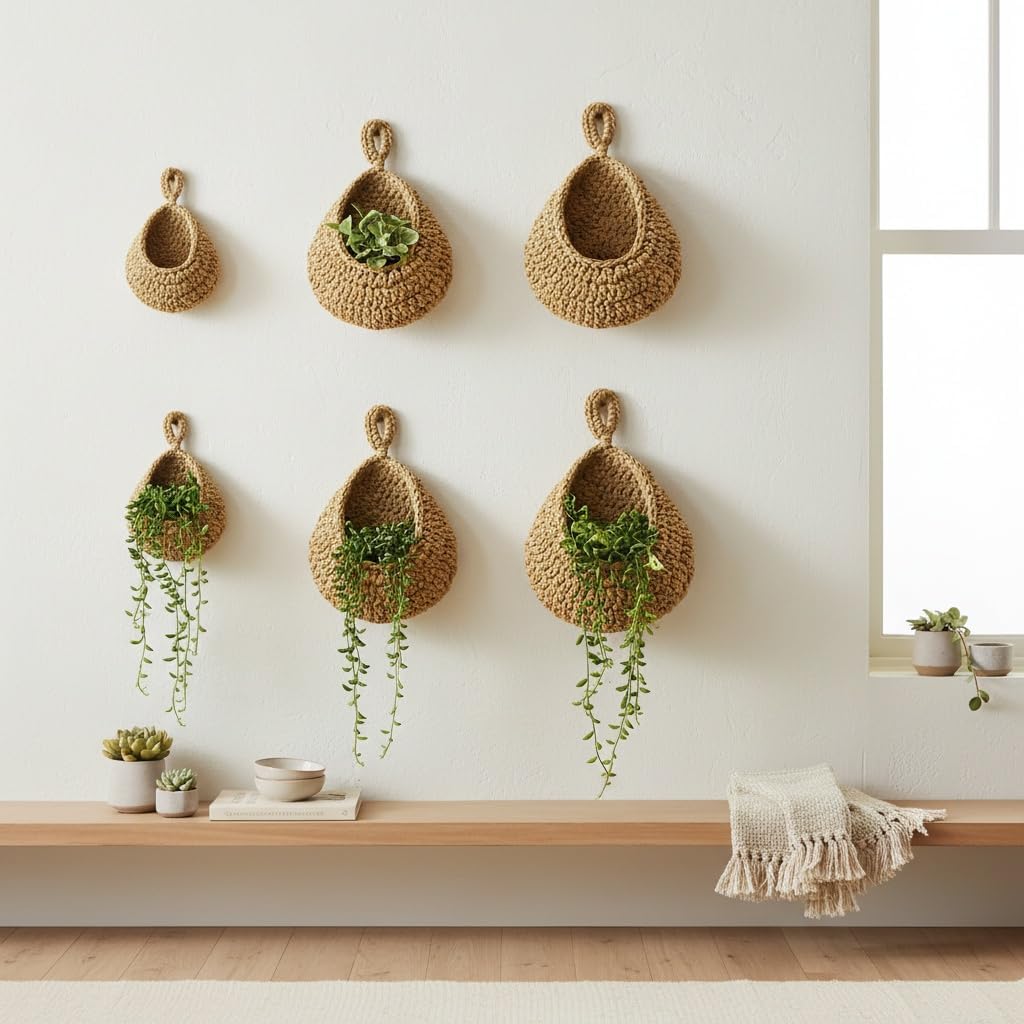 Natural Cotton Rope Hanging Basket Hand Woven Wall Mounted Hung Fruit / 6 Sizes Brown / Set of 6