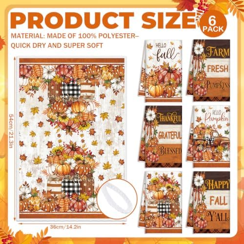 Redbaker 6 Pcs Fall Kitchen Towels, Ivory Pumpkin Funny Dish Towel, Autumn Absorbent Farmhouse Decorative Fast Drying Tea Dishcloth with Hanging Loop for Kitchen Bathroom Home Housewarming Gift