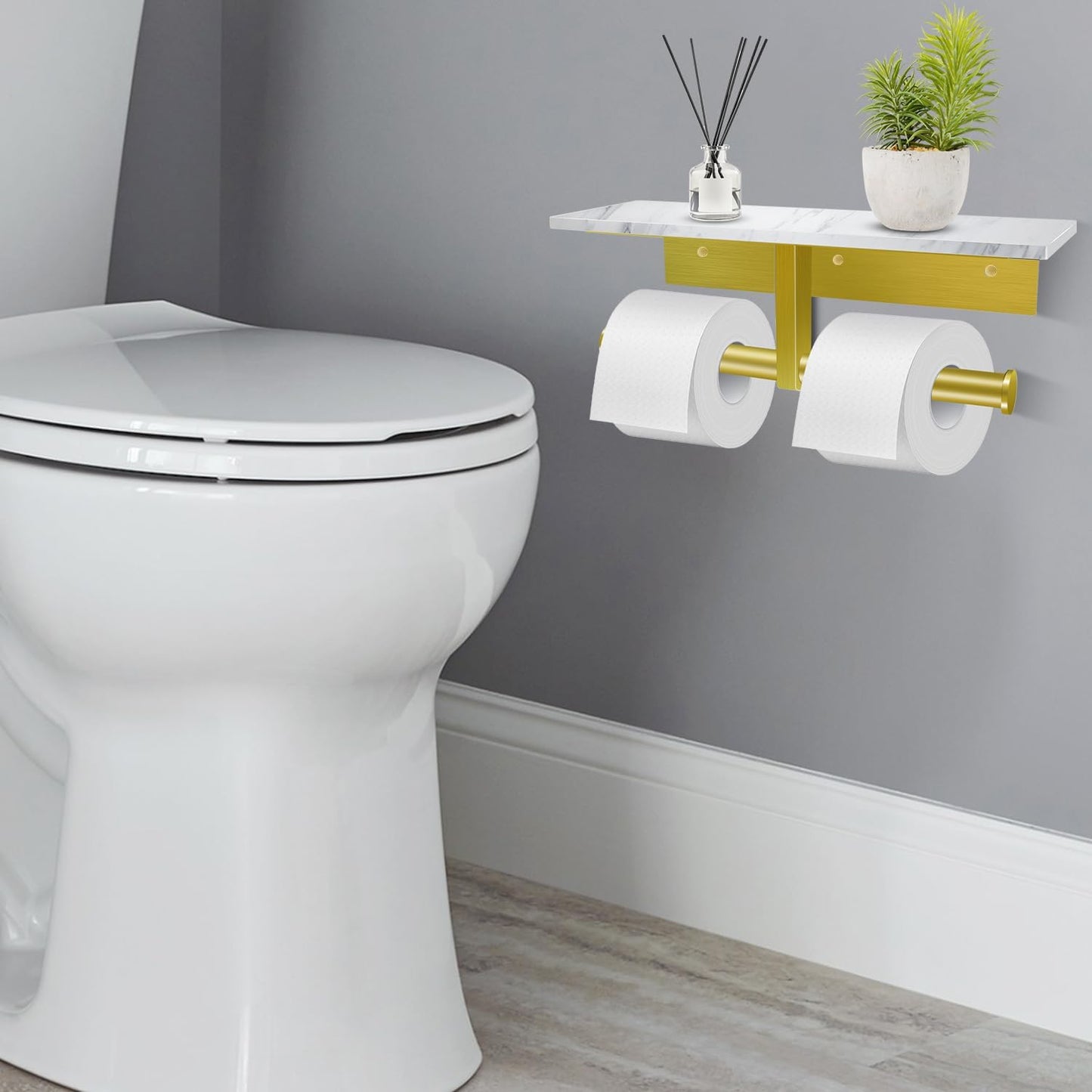 Toilet Paper Holder with Shelf, Double Toilet Paper Holder Wall Mount and 2PCS Free Adhesive Hooks for Bathroom