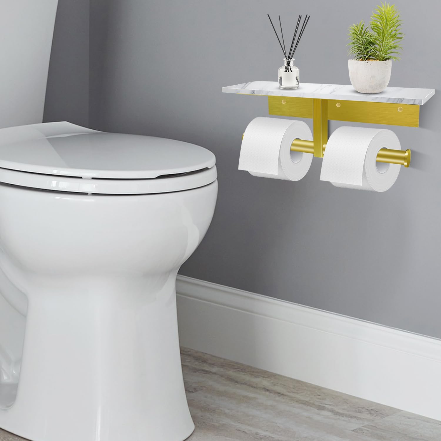 Toilet Paper Holder with Shelf, Double Toilet Paper Holder Wall Mount and 2PCS Free Adhesive Hooks for Bathroom
