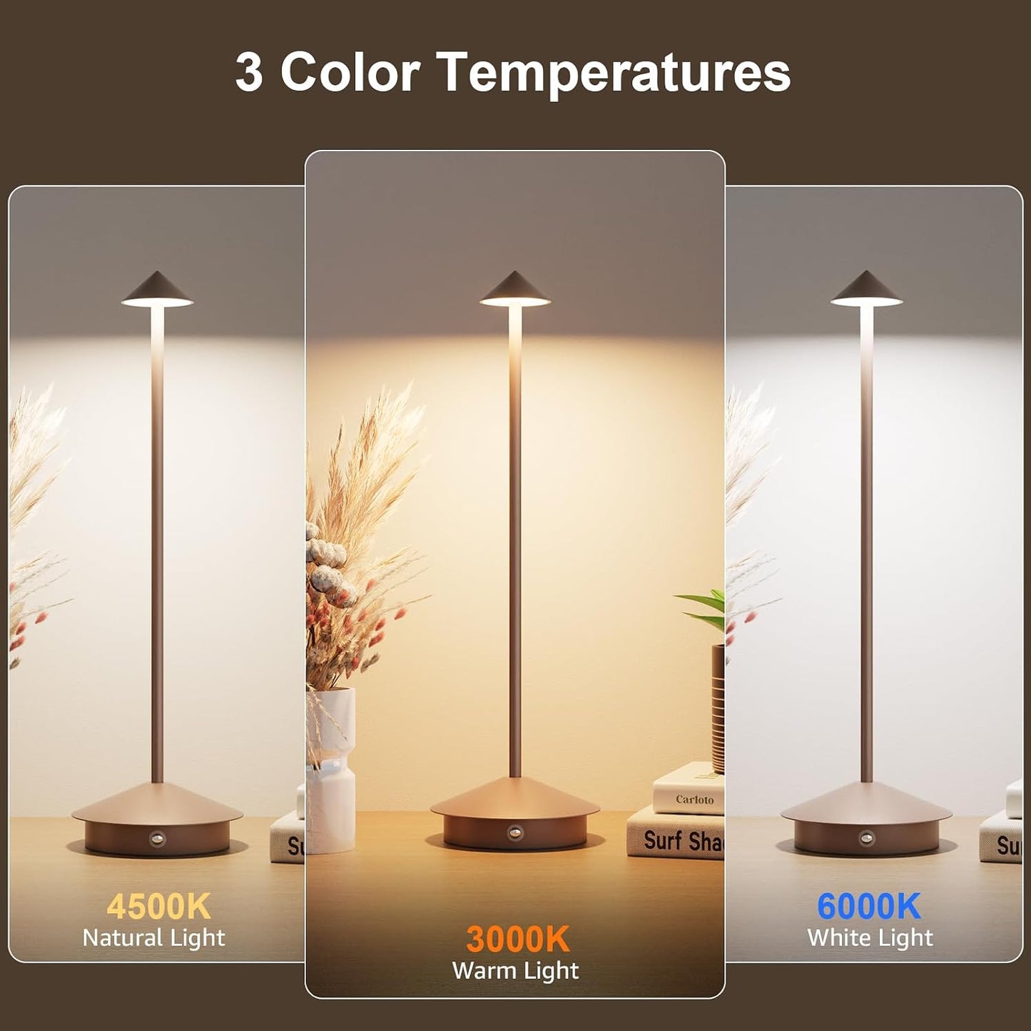 Cordless LED Table Lamps,Portable Battery Desk Lamp,2 Pack,Rust Red | 6000mAh Rechargeable,3000K/4500K/6000K Touch