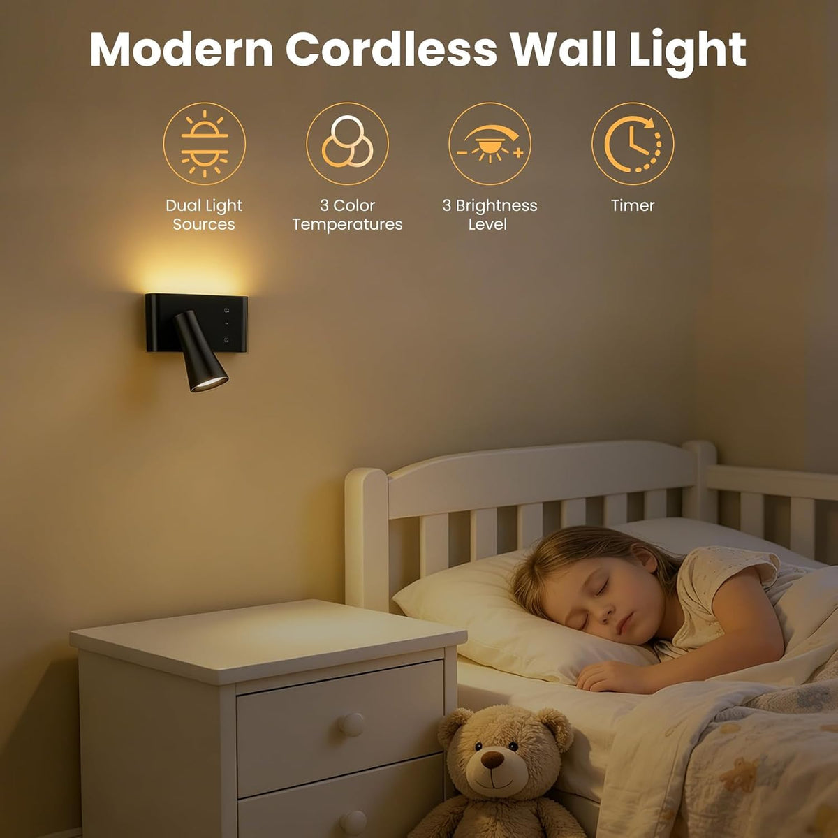 Wall Sconce Battery Operated Reading Lights, 10000mAh Rechargeable Wireless LED Wall Lights, 3 Color Temperatures