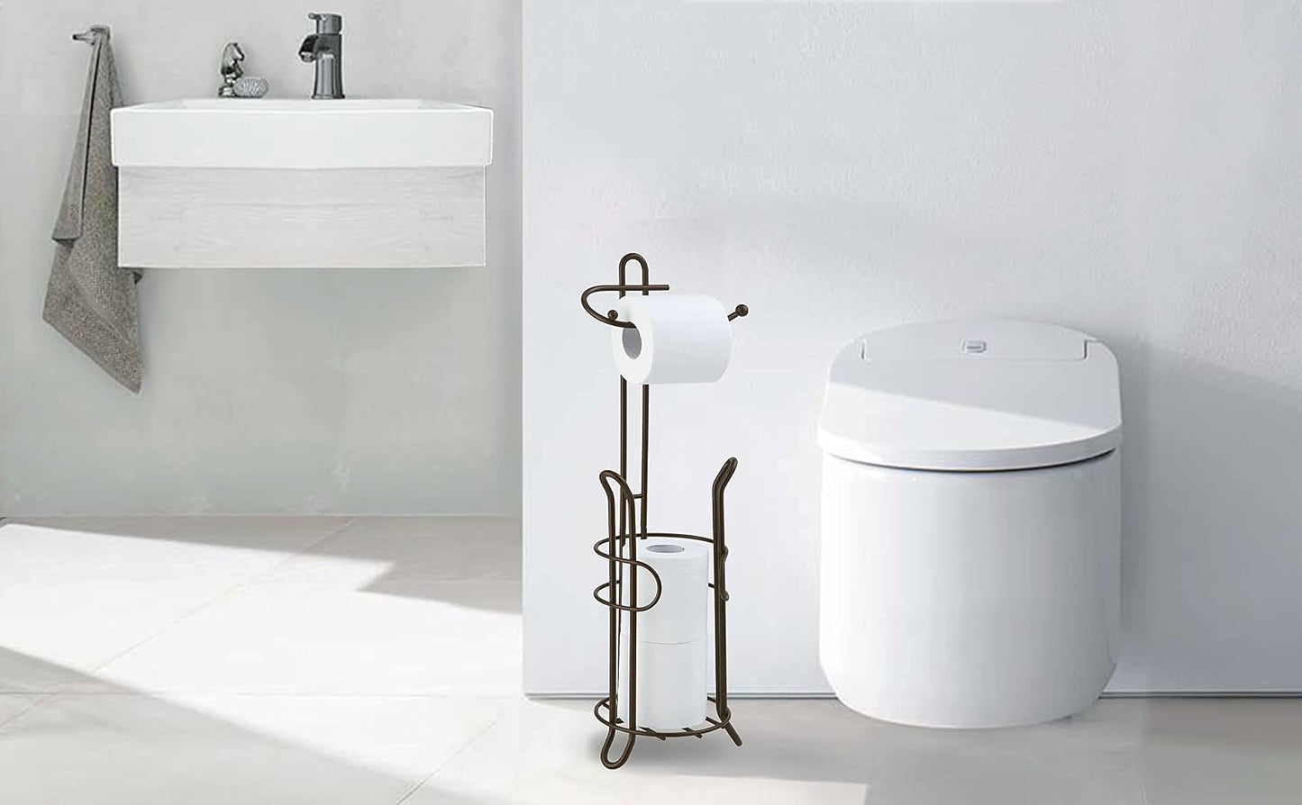 SunnyPoint Freestanding Toilet Paper Holder with Storage – Holds 3 Spare Rolls, Heavy-Duty Steel, Oil Bronze Finish