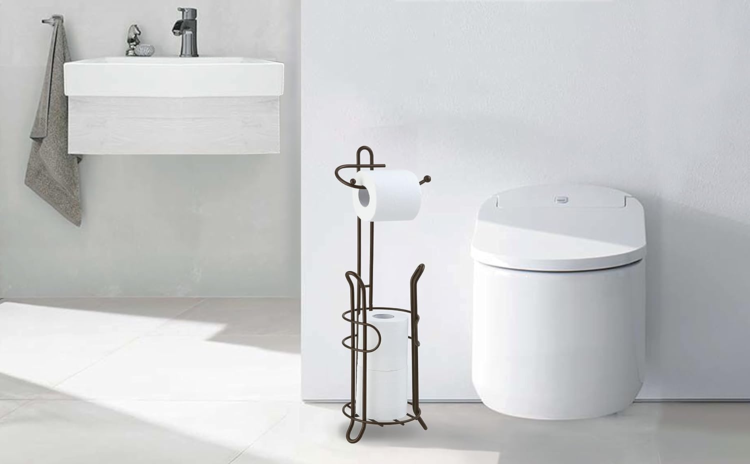 SunnyPoint Freestanding Toilet Paper Holder with Storage – Holds 3 Spare Rolls, Heavy-Duty Steel, Oil Bronze Finish