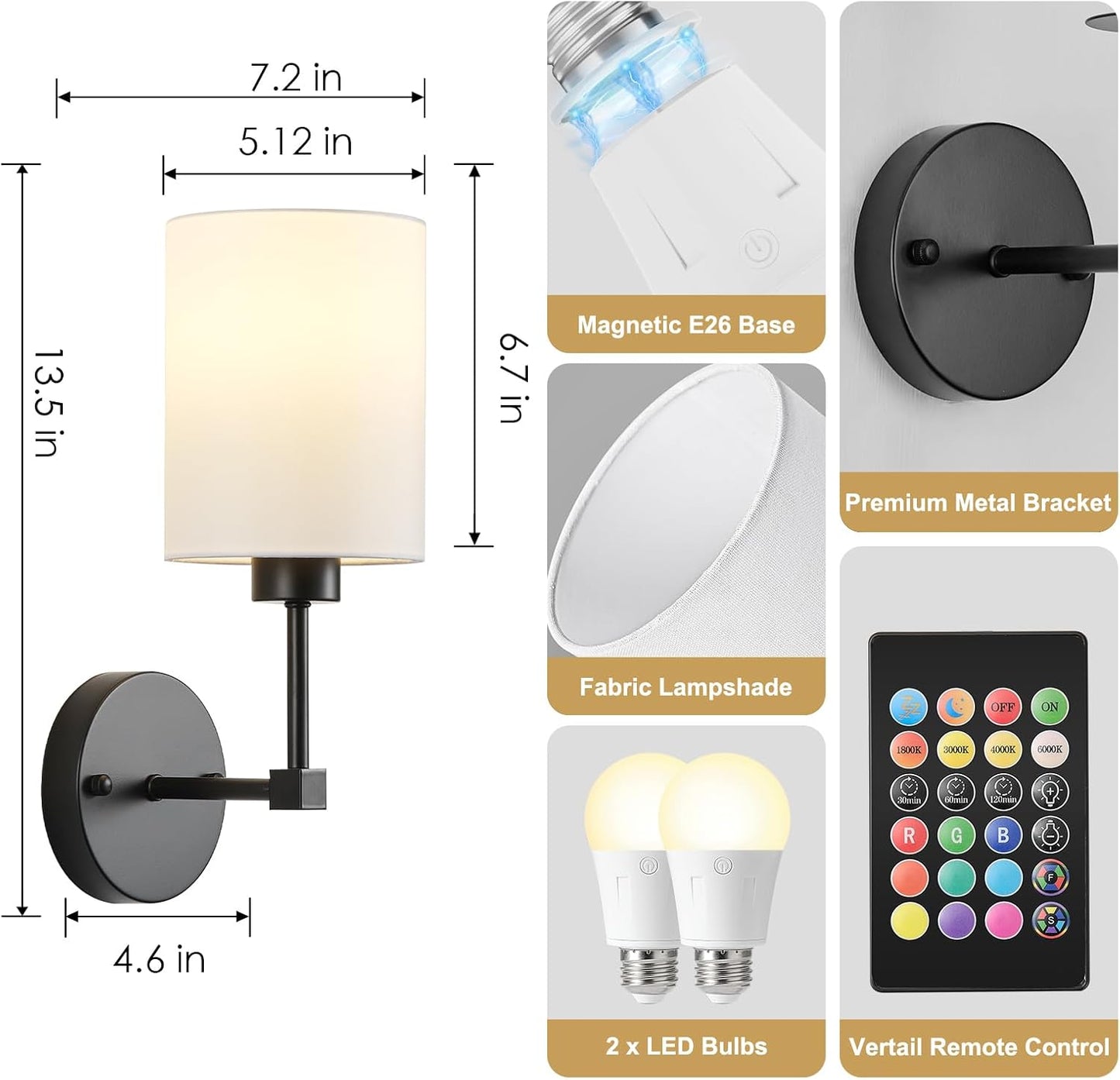 KARTOOSH Battery Operated Wall Sconce Set of Two, Dimmable 4CCT, RGB, Timer | Rechargeable Wireless Wall Decor Light