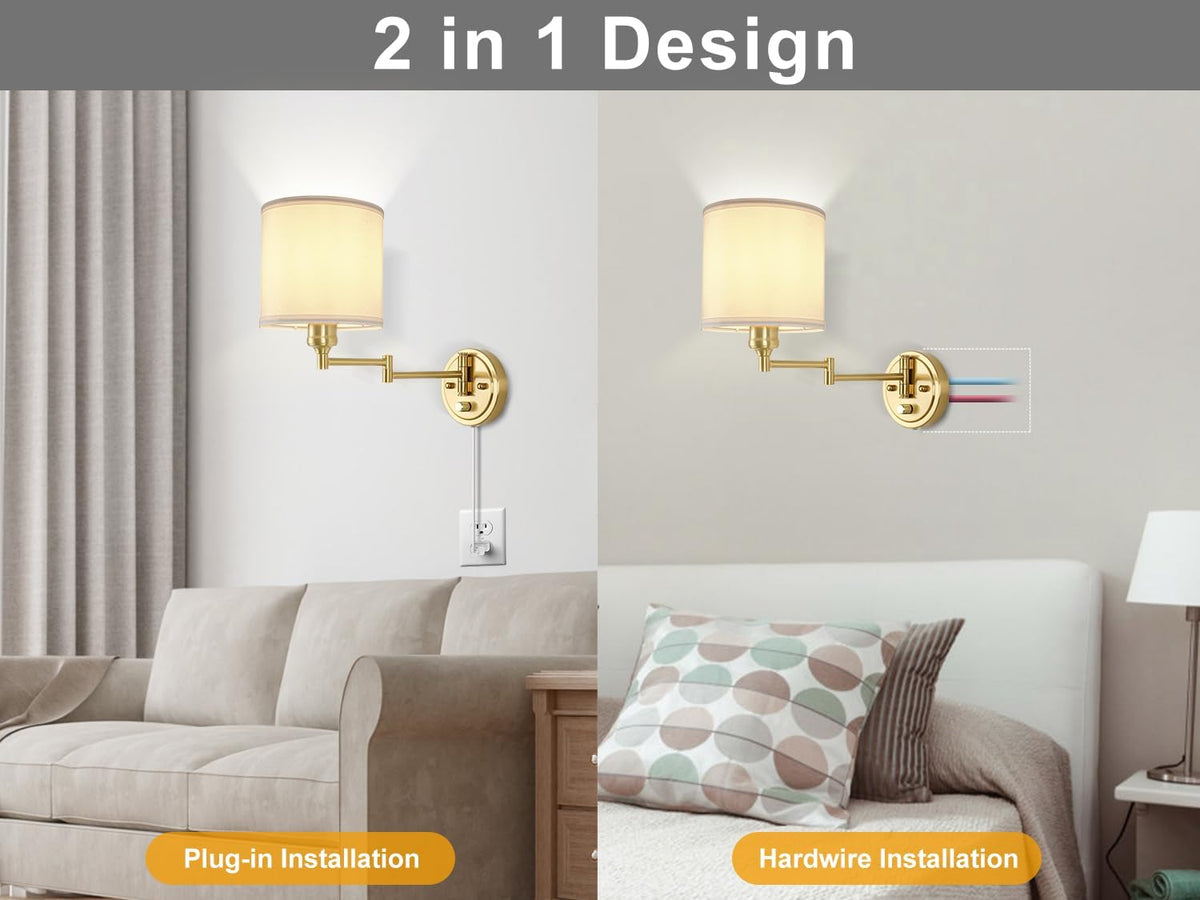 Plug in Wall Sconces with Remote Control, Dimming 10%-100% & Adjustable Colors 2700K-6500K, Hardwire or Plug-in, Swing