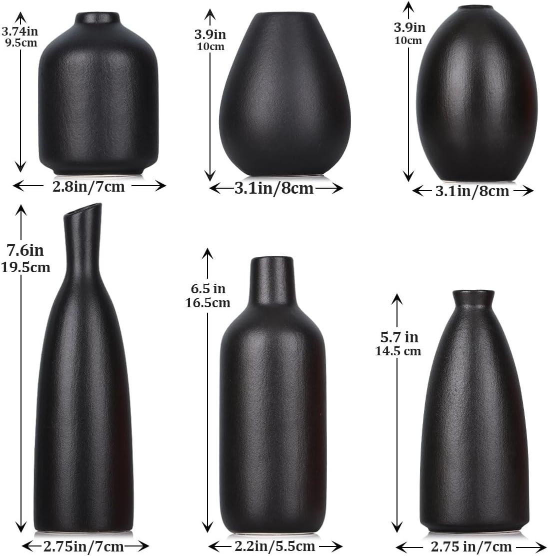 Small Black Ceramic Bud Vases / Black Set / Set of 6