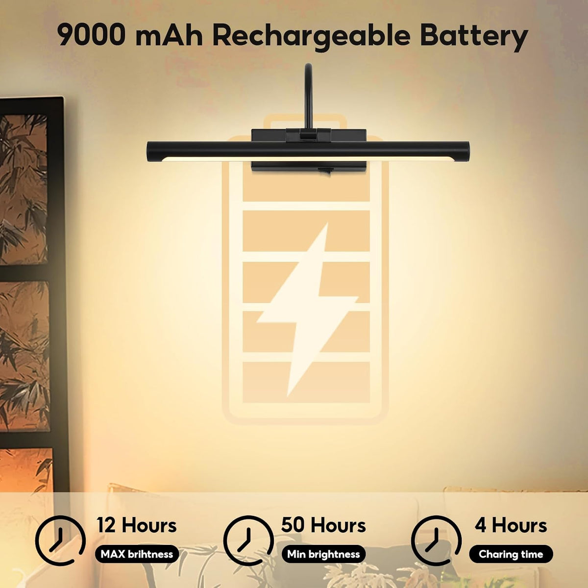 20" Picture Light for Wall Black Rechargeable Wireless Remote Lights Dimmable LED Art Painting Light with 3 Color Temp