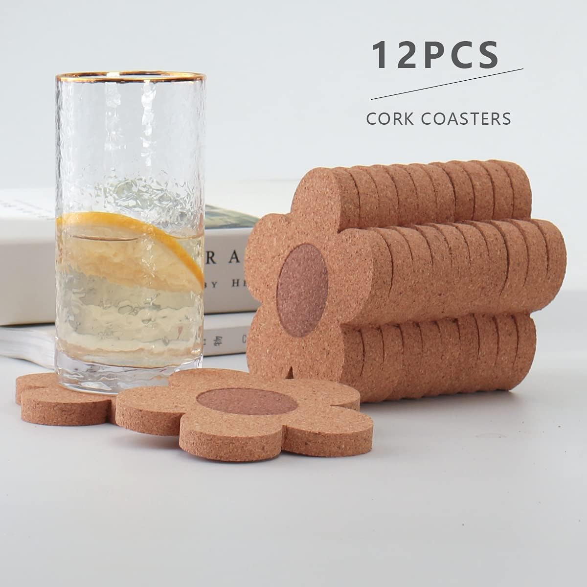 Absorbent and Reusable Coaster Set 100% Cork Flower / Flower Shape/ / Natural / 4 Inch / Set of 12