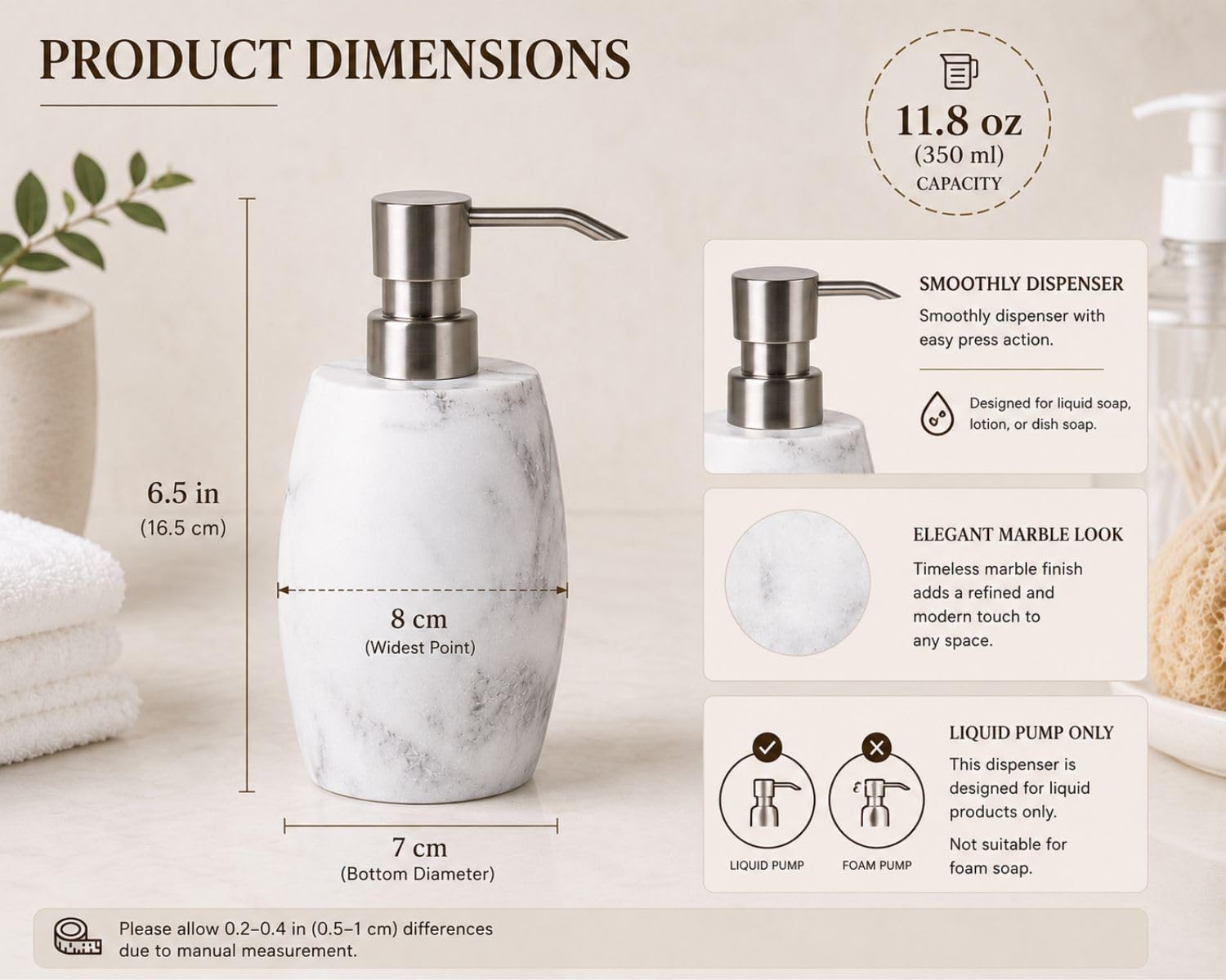 Clasin Home Resin Soap Dispenser Set 2, Refillable Hand Soap Dispenser with White Marble Look and Metallic Pump