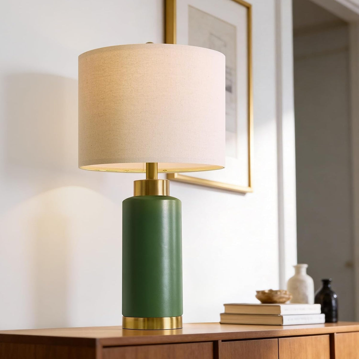 USumkky 25" Green Ceramic Table Lamp Set of 2, Modern Mid-Century Bedside Nightstand Lamps for Bedroom Living Room