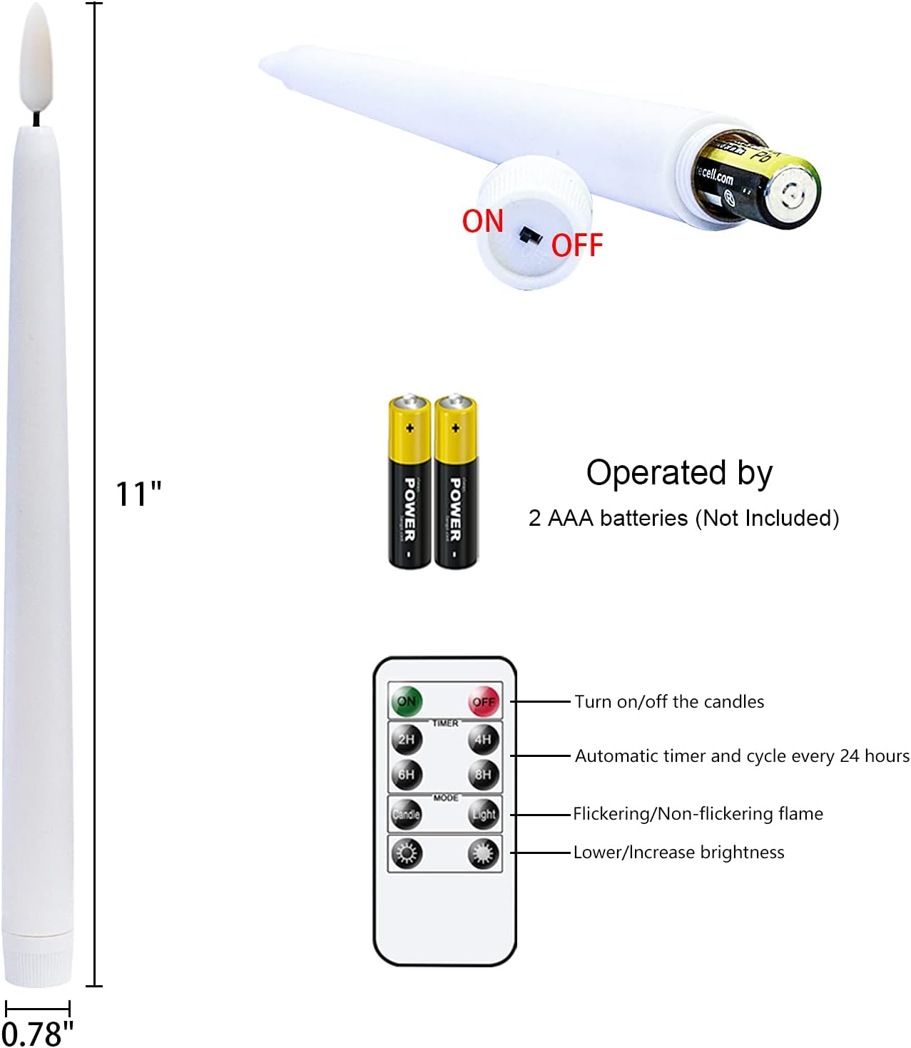 White Flameless Taper Candles Battery Operated Remote Timer 8 Pack | 3D Wick Flickering LED Candlesticks, 400 Hours