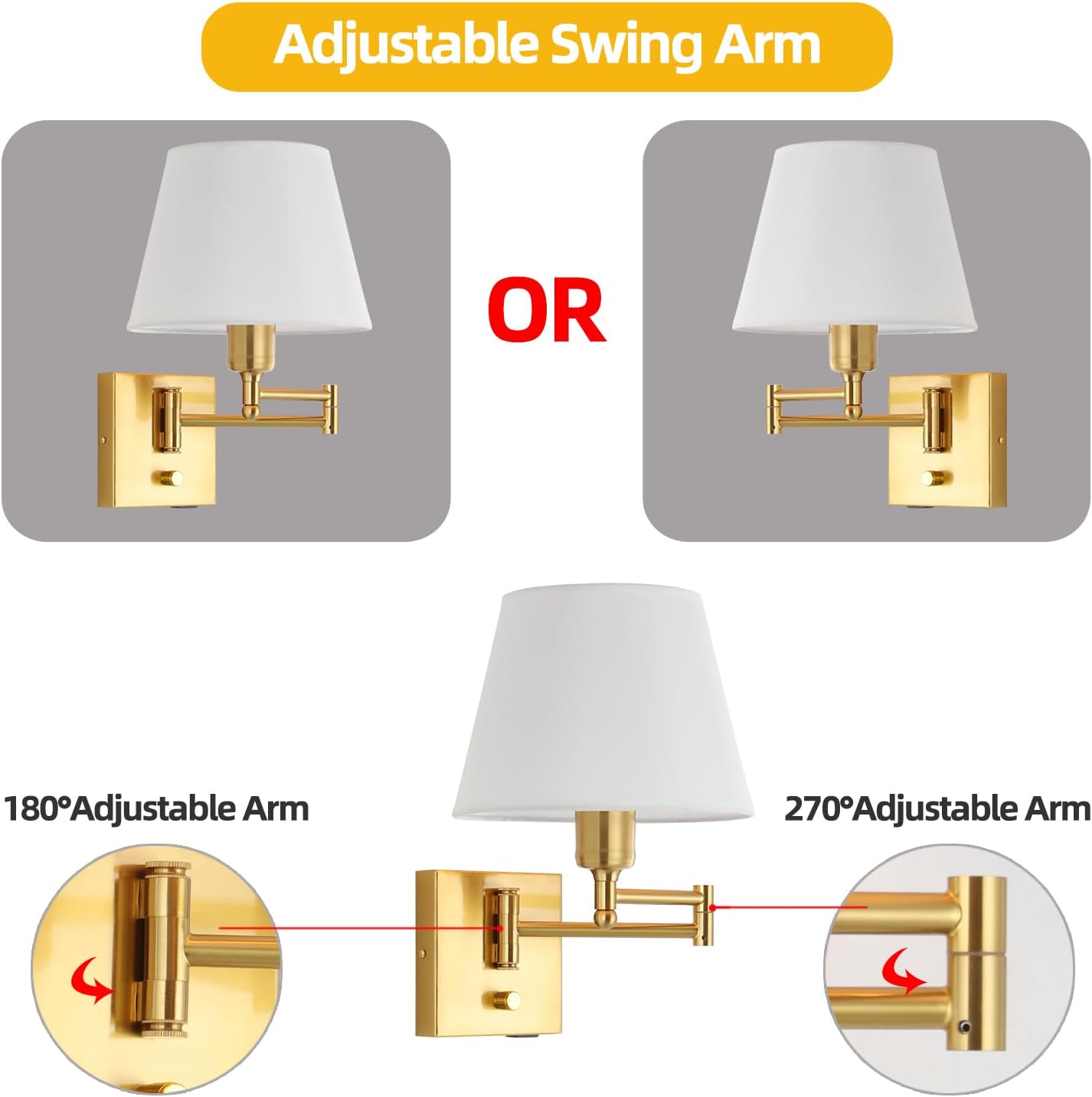 Bedside Wall Mount Light with Dimmable Switch, Swing Arm Fabric Shade Wall Sconce Light with USB Port and Plug in Cord