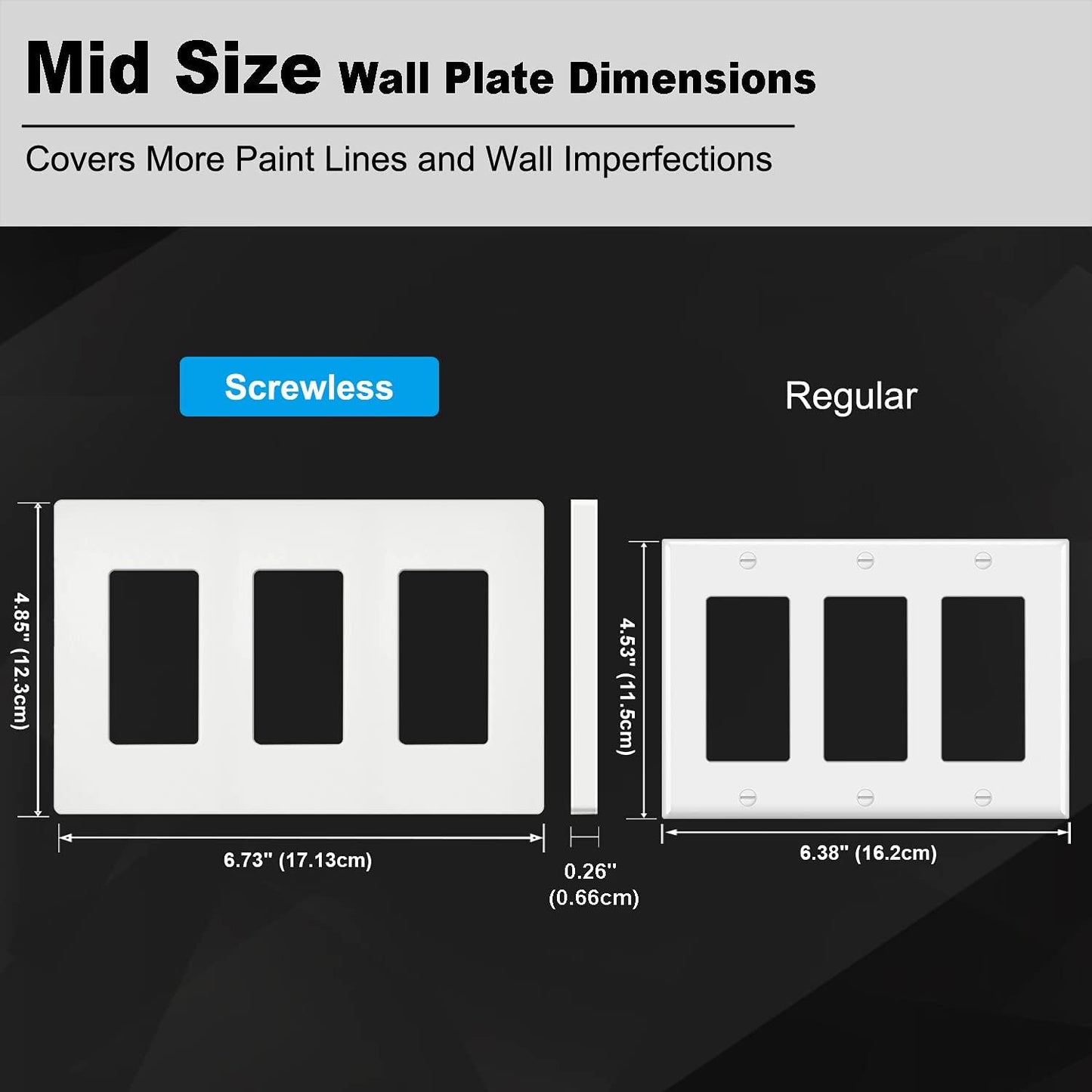 BESTTEN [4 Pack] 3 Gang Screwless Decorative Outlet Cover, Mid-Size Wall Plate, H4.88" x W6.74", Faceplate Cover for