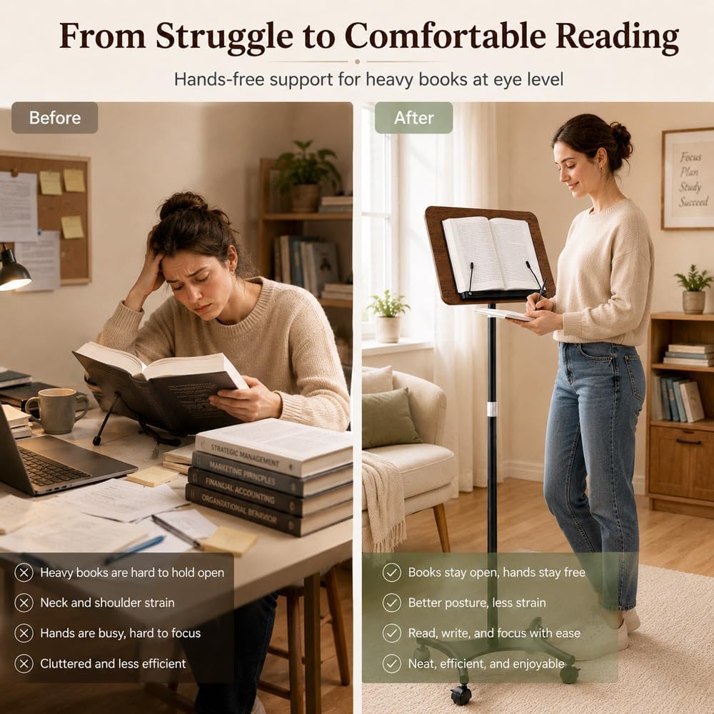Rolling Book Stand with Wheels, Adjustable Sheet Music & Reading Stand | 16.5 x 11.8 in panel | 19-57 in adjustable