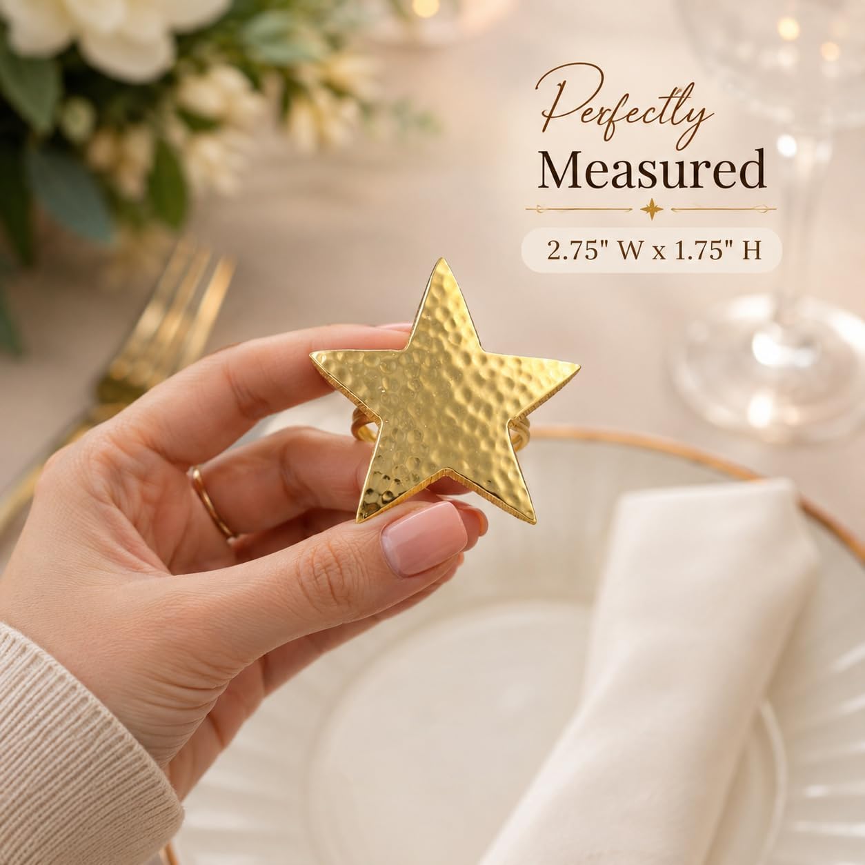 Alpha Living Home Gold Star Napkin Rings, Bulk Metal Holders, Set of 12 | Hammered metal, rust-resistant