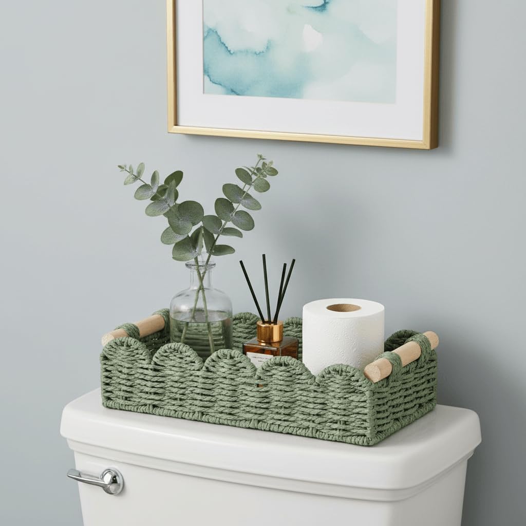 Small Wicker Toilet Tank Top Decorative Baskets for Countertop / Green / 12.99 x 6.3 x 3.15 / S - In