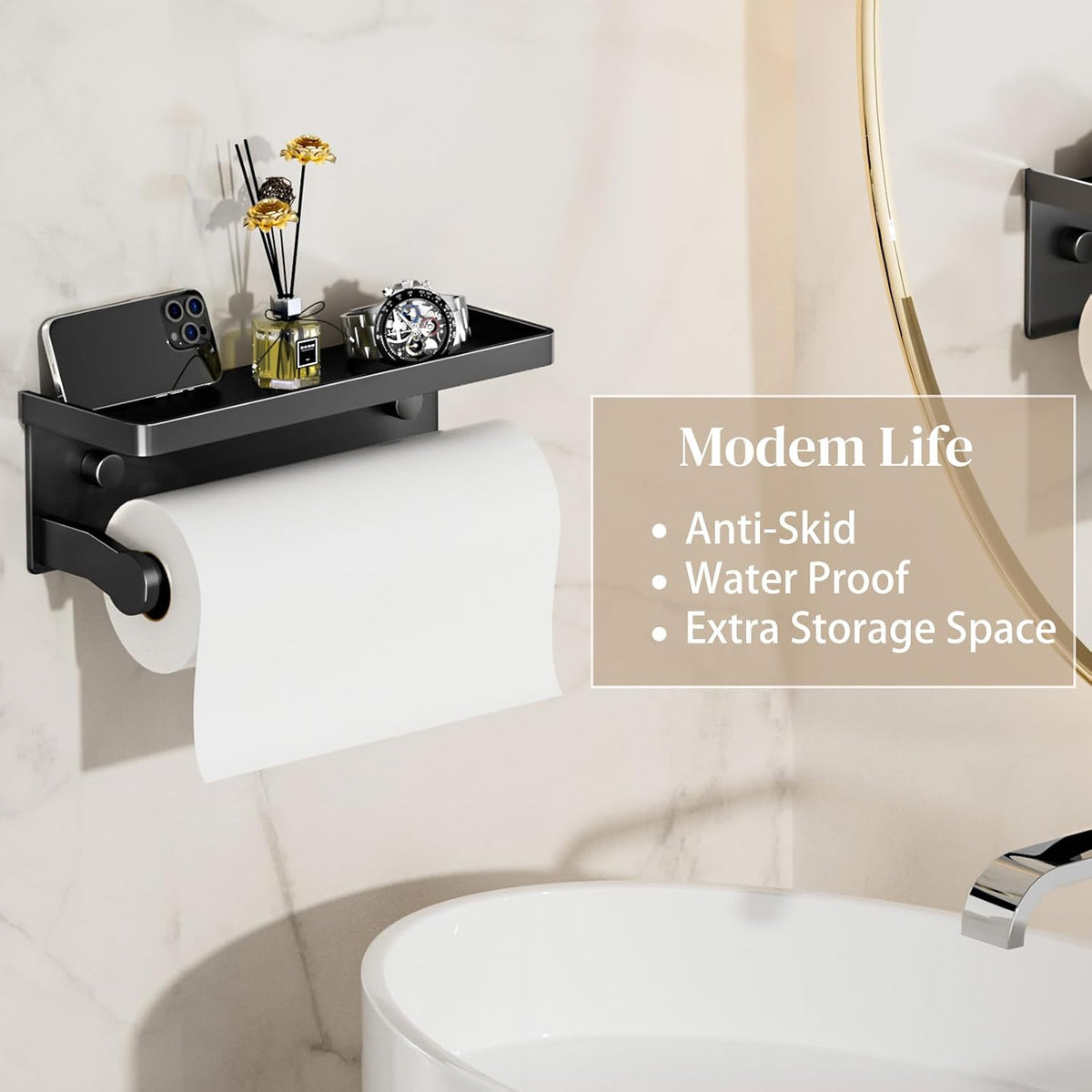Black Paper Towel Holder with Shelf, Wall Mount Paper Towel Holder for Bathroom Kitchen, Hand Towel Rack Holder,Paper