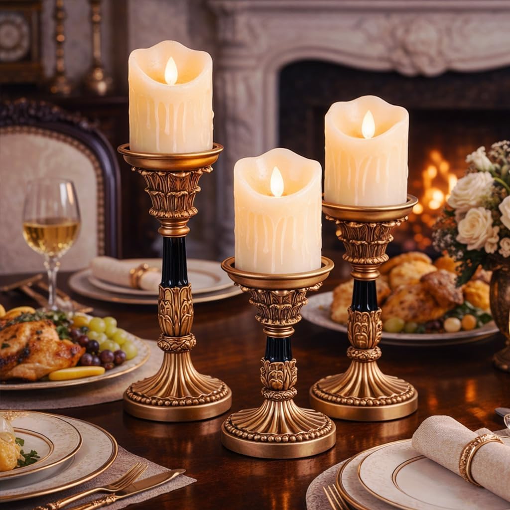Resin Pillar Candle Holders Set of 3 – an Antique Gold Frame with Engraved Decorations (9", 7.5", 6") with 3.1" Tray &