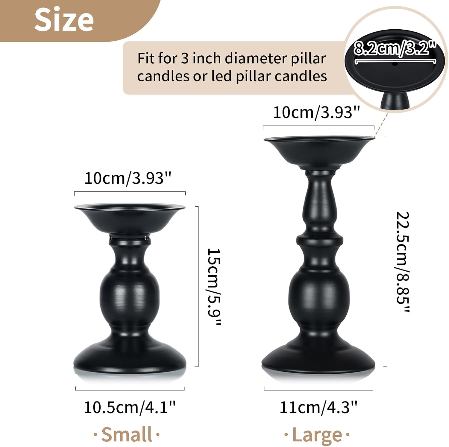 2 Pcs Black Pillar Candle Holders, Most Ideal for 3" Pillar Candles, Gifts for Wedding, Party, Home, Spa, Reiki, Votive