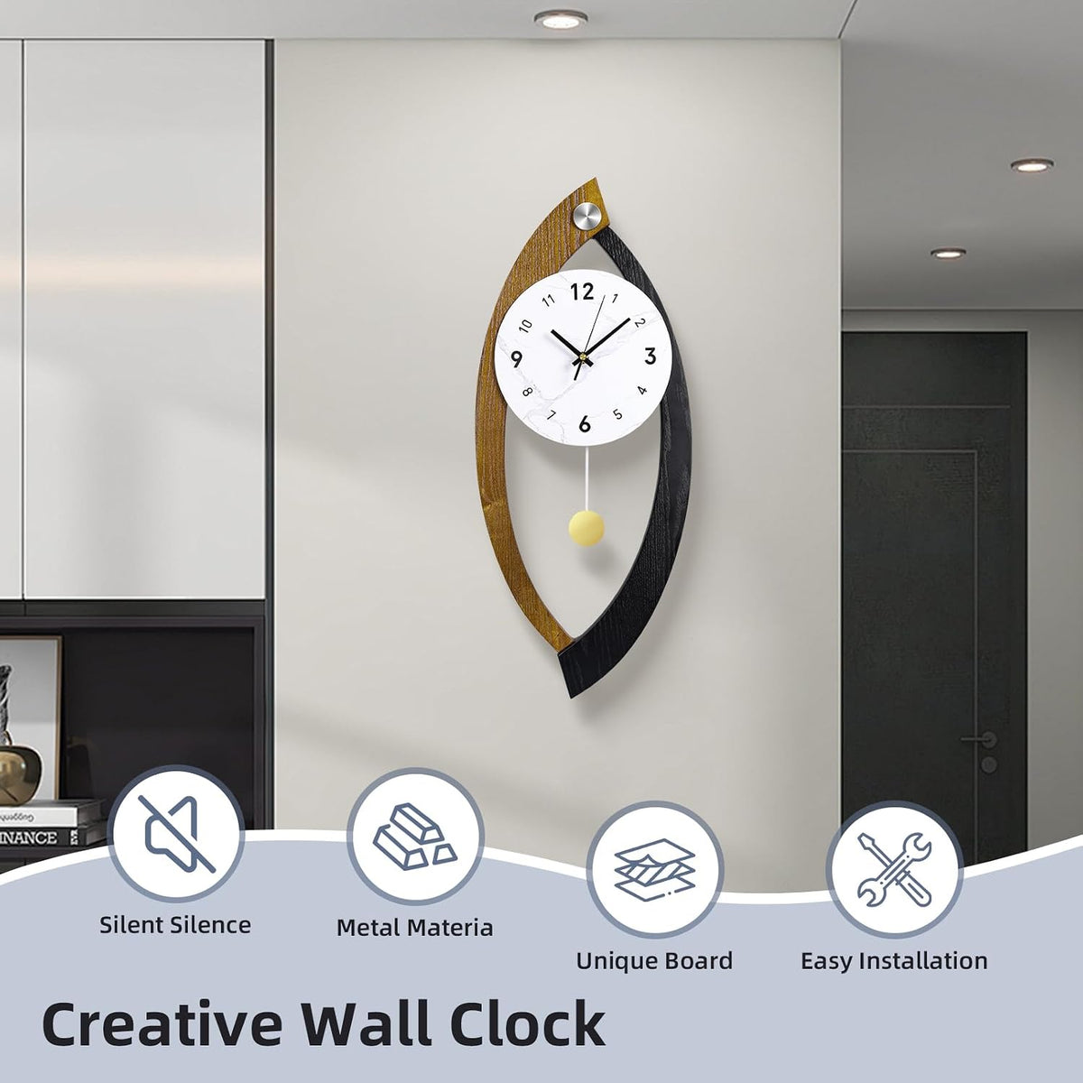 23.6 x 9.8inch Decorative Wall Clocks with Pendulum Solid Wood Frame | Large Modern Unique Clock for Wall Decor Living