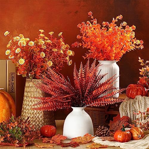 16 Bundles Fall Flowers Picks Artificial Floral Decor,15 Inch,Eucalyptus