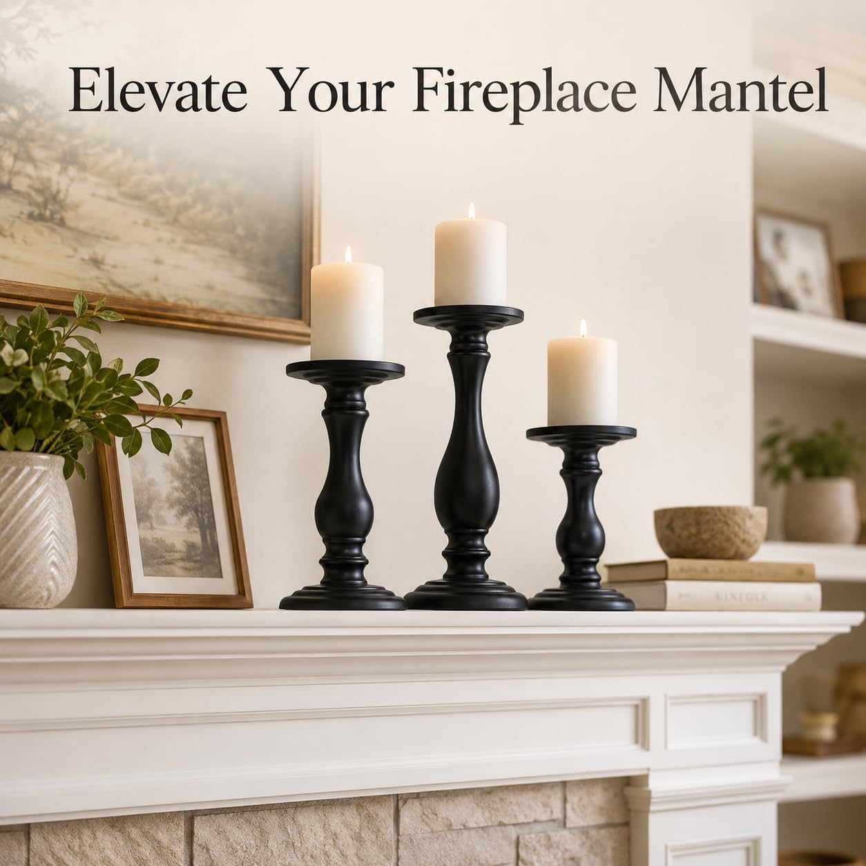 Matte Black Pillar Candle Holders Set of 3-10", 8", 6”H Candlestick Candle Holders Stand, Home Coffee Table Decor