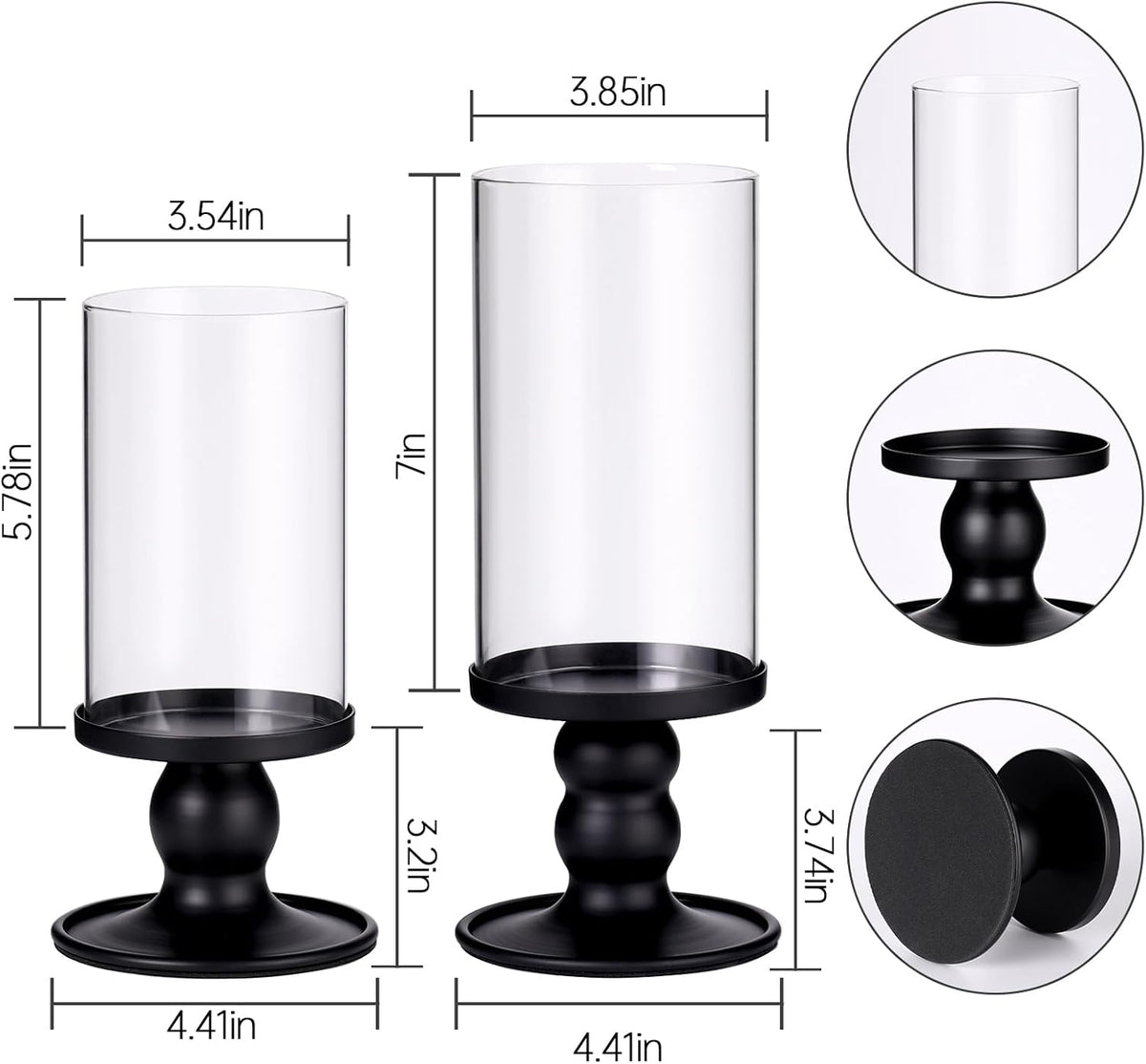 NITIME 4Pcs Hurricane Candle Holder for Pillar Candles, Black Candle Holders with Clear Glass Sleeve for Table
