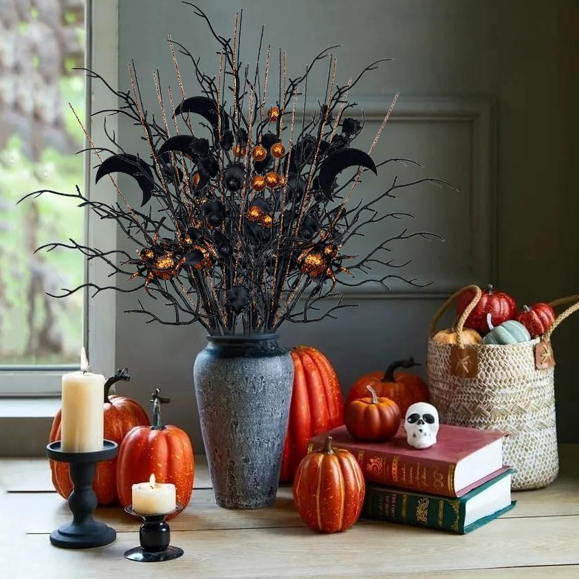 3 Pack Artificial Halloween Floral Picks Purple Orange Black Berry Stems Halloween Tree Branches with Glitter Ball for Halloween Party Flower Arrangement Centerpieces (Orange)