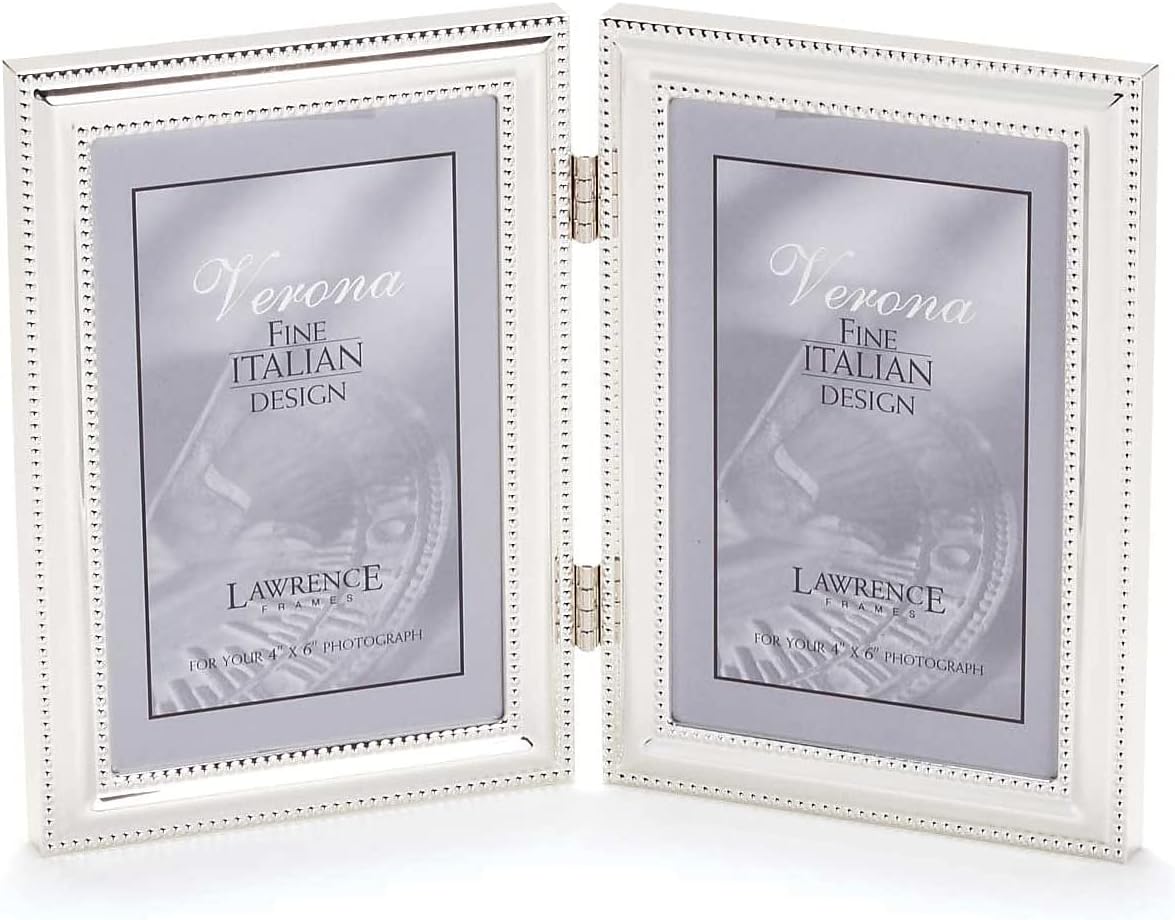 Lawrence Frames Hinged Double (Vertical) Metal Picture Frame Silver-Plate with Delicate Beading, 4 by 6-Inch