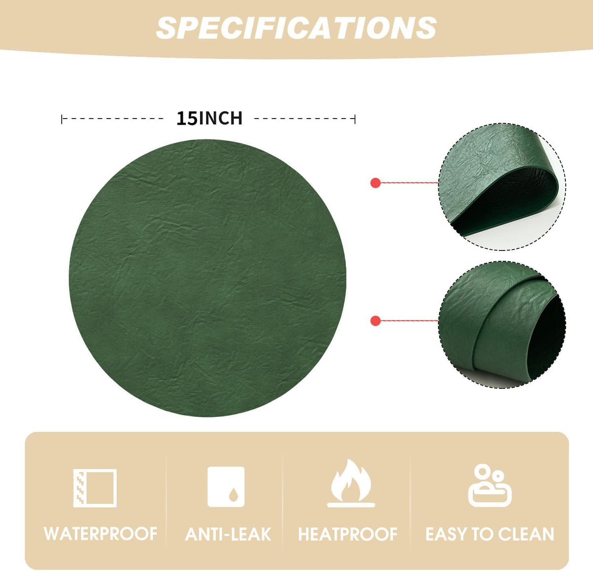 Artoid Mode Green Faux Leather Placemats Set of 8, 15 Inch Waterproof Wipeable Heat Resistant Vinyl Place Mats
