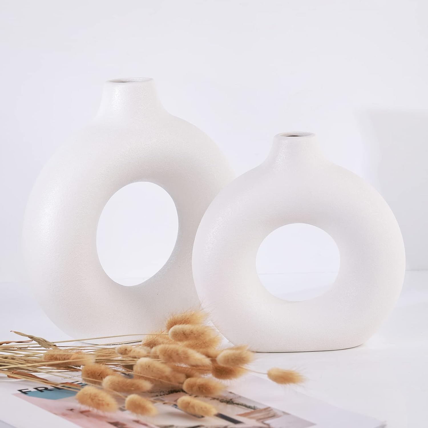 Ceramics Vase / Minimalist Nordic Hollow Donut Vase / White / Set of 2